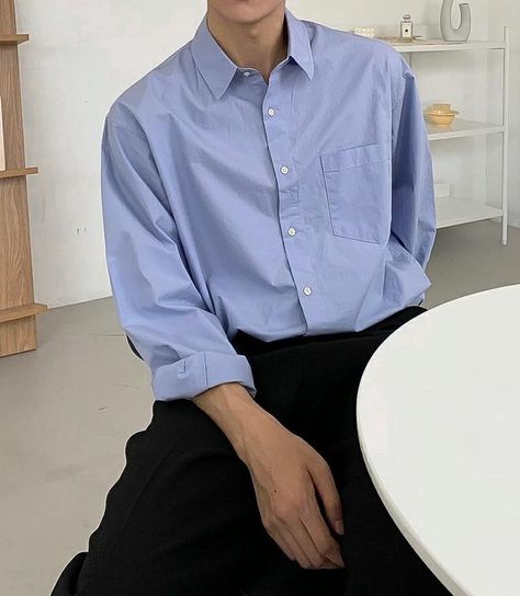 Blue Shirt Outfit Men Aesthetic, Blue Shirt Outfit Men, Chad Charming, Long Shirt Outfits, Korean Street Fashion Men, Shirt Outfit Men, Mens Trendy Outfits, Street Style Outfits Men, Mens Casual Dress Outfits