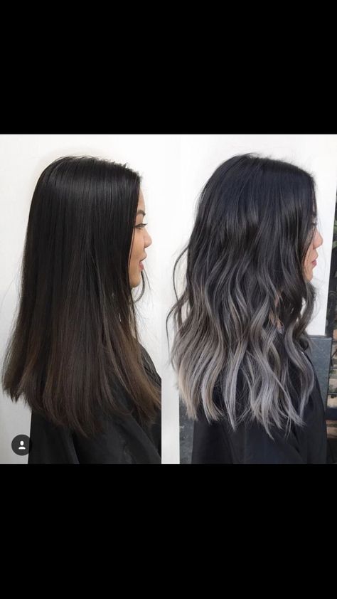 Ash Grey Black Hair, Smoky Brunette Balayage, Silver Ends Hair, Dark Gray Hair Color Charcoal, Ash Gray Highlights On Black Hair, Dark Balayage With Money Piece, Silver Balayage On Dark Hair, Black Hair With White Tips, Black To Grey Hair