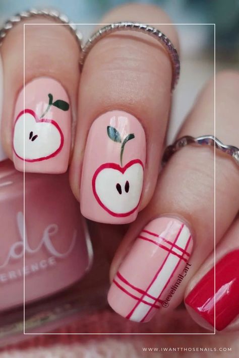 apple nails Apple Nail Art Fall, Fall Apple Nails Design, Apple Acrylic Nails, Fall Apple Nails, Apple Pie Nails, Apple Nails Design, Apple Nail Art, Fall Nails Pink, Pink Fall Nails