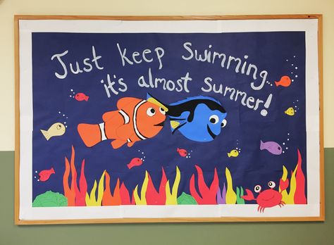 "Just keep swimming" finding nemo bulletin board Prek Summer Bulletin Board Ideas, Disney Summer Bulletin Boards, Bluey Themed Bulletin Board, Just Keep Swimming Bulletin Board, Fishing Bulletin Board Ideas, Ocean Bulletin Board Ideas Preschool, Little Mermaid Bulletin Board, Summer Themed Bulletin Board Ideas, Fish Bulletin Board Ideas