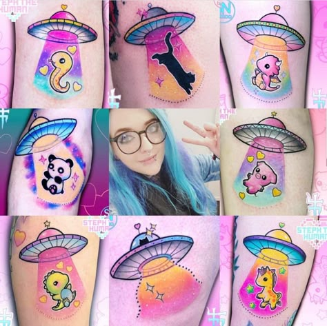 Kawaii Shoulder Tattoo, Kawaii Space Tattoo, Creepy Kawaii Tattoo, Small Pastel Tattoo, Kawaii Tattoo Sleeve, Cute Alien Tattoo, Kawaii Flash Tattoo, Kawaii Tattoo Ideas, Pastel Tattoos