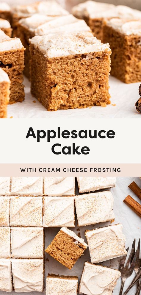 This applesauce cake is soft, moist and naturally sweetened with maple syrup. It's loaded with fall spices and topped with a delicious cinnamon cream cheese frosting. Paleo Applesauce Cake, Cinnamon Applesauce Cake, Healthy Apple Sauce Cake, Sugar Free Spice Cake, Maple Sweetened Desserts, Healthy Spice Cake, Apple Sauce Cake Recipe, Healthy Apple Cinnamon Muffins, Maple Syrup Cake