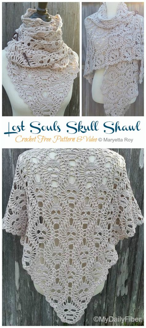 Lost Souls Skull Shawl Crochet Free Pattern [Video] - Crochet & Knitting Lost Souls Crochet Pattern Free, Free Crochet Lace Shawl Patterns, Skull Scarf Crochet Pattern Free, Scarf Free Crochet Pattern, Shawl Crochet Free Pattern, Lace Crochet Patterns, Lace Crochet Pattern, Skull Shawl, Crochet Skull Patterns