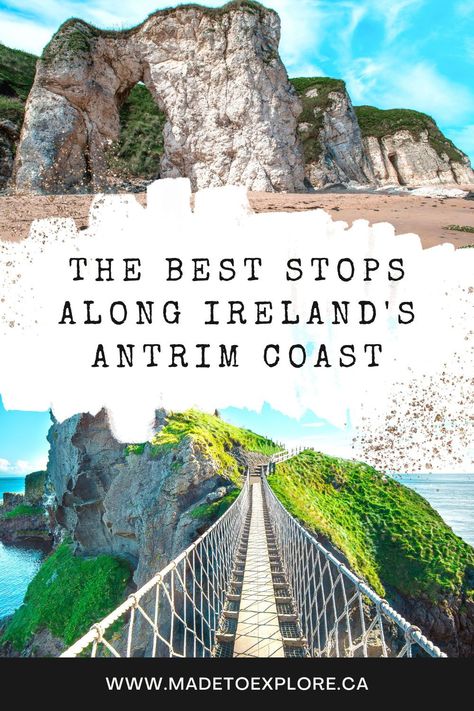 The Best Stops Along the Causeway Coast in Northern Ireland. Click through for information on the gobbins, the glens of Antrim, Torr Head, The Dark Hedges, Carrick-a-rede Rope Bridge, The Giants Causeway, Dunlace Castle, Old Bushmills Distillery, White Rocks Beach, and more! Get excited to see the highlights of the Antrim Coast! #ireland #northernireland #antrimcoast #caueswaycoast #travelireland Antrim Ireland, Travel Ireland Tips, Causeway Coast, The Dark Hedges, Driving In Ireland, White Rocks, Blarney Castle, Giants Causeway, Rope Bridge