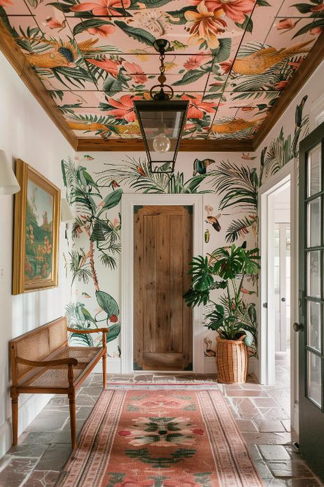 40 Small Entryway Ideas for Maximizing Your Welcome Area Entry Way Ideas Aesthetic, Loft Entryway Ideas, Boho Chic Entryway Wallpaper, Eccentric Entryway, Entry Way Wallpaper Bohemian, Small Entryway Tile, Wallpaper In Entryway, Bold Entryway Ideas, Maximalist Entrance Hall