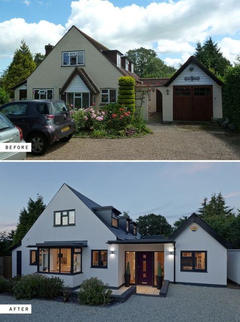 Adhoc extensions were re-planned and remodelled to transform a house in Lingfield, Surrey, UK. Renovation before and after photos. Uk Renovation, Renovation Facade, Bungalow Extensions, Modern Bungalow Exterior, Exterior House Renovation, House Extension Plans, House Makeovers, Exterior House Remodel, House Cladding