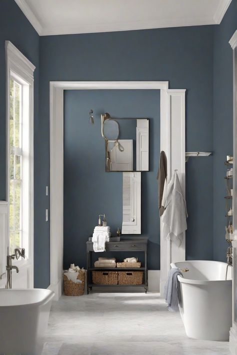 home interior design, website design, space planning, color matching painting Blue Grey Bathroom Paint, Slate Blue Bathroom Ideas, Blue Grey Bathroom Walls, Grey And Blue Bathroom Ideas Colour Schemes Master Bath, Dark Blue Grey Bathroom, Charcoal Bathroom Walls, Charcoal Blue Bathroom, Navy Bathroom Walls, Blue Grey Bathroom Ideas