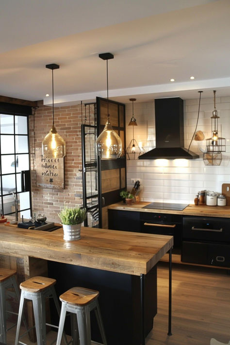 37 Kitchens That Craft Industrial Elegance with Scandinavian Flair Open Shelving In The Kitchen Industrial, Country Kitchen Ideas Farmhouse Style Rustic, Dark Industrial Kitchen, Industrial Themed Kitchen, Industrial Interior Design Kitchen, Kitchen Ideas Minimalist, Kitchen Design Industrial, Brick Industrial Kitchen, Industrial Scandinavian Interior