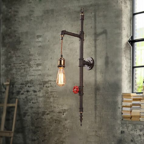 Industrial Styled Pipe 1-Light Hanging Exposed Bulb Wall Light in Rust - Lighting Industrial Pipe Decor, Pipe Wall Lamp, Master Bath Lighting, Steampunk Lighting, Industrial Wall Lamp, Pipe Decor, Wall Lamp Design, Vintage Industrial Decor, Pipe Lighting