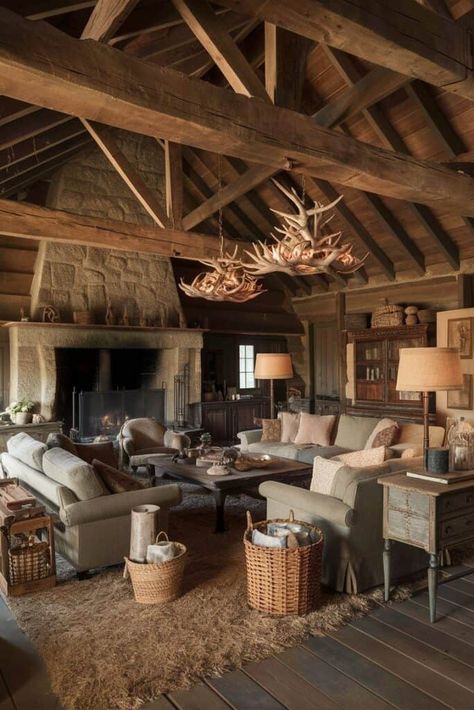 24 Inspiring Rustic Home Decor Style Ideas Decorating A Log Home, Rustic Cozy House, Rustic Mountain Homes Interior, Rustic House Interior, Log Home Living Room, Rustic Elegance Decor, Rustic Cabin Living Room, Rustic Cabin Interior, Montana Decor