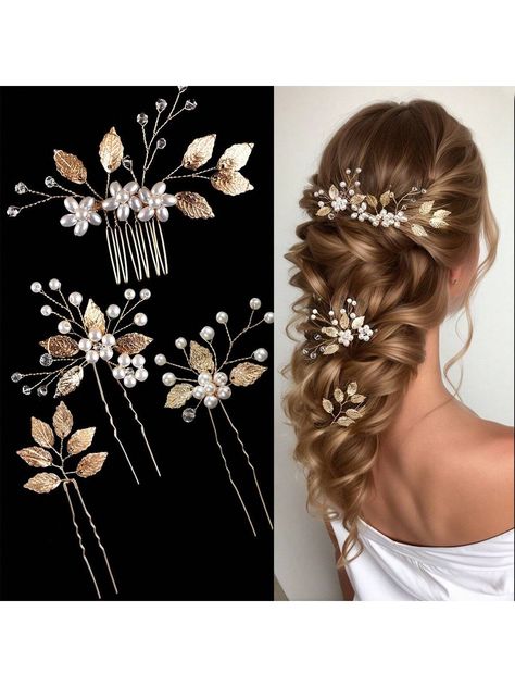 Multicolor Basics Collar  Zinc Alloy  Hair Accessory Sets Embellished   Women Accessories Pearl Hair Comb, Flower Hairpin, Pearl Hair Combs, Women Hair Accessories, Bridal Headwear, Indian Bridal Jewelry Sets, Bridal Wedding Hair, Hair Accessories Set, Bridal Jewellery Indian