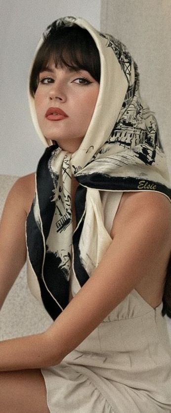 Silk Headscarf Aesthetic, Photoshoot With Scarf, 60s Scarf Hairstyles, 1950s Headscarf, Silk Headscarf Styles, Head Scarf Aesthetic, Neck Scarf Outfit, Head Scarf Outfit, Silk Dress Fashion