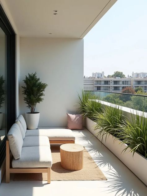 Clean, modern balcony design with geometric elements and privacy screen Outdoor Balcony Furniture Ideas, City Balcony Aesthetic, Big Balcony Design, Small Balcony Lighting Ideas, Long Balcony Ideas, Open Balcony Design, High Rise Balcony, Balcony Apartment Decor, Large Balcony Ideas