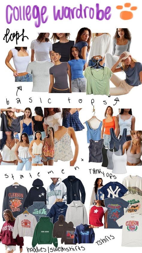 #tops #graphictees #basics #collage #college #pin #inspo College Orientation Outfit, College Orientation, Orientation Outfit, Freshman Orientation, College Wardrobe, College Wear, Clemson University, Outfit Collage, College Style