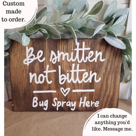 Outdoor Wedding Decor, Custom Wedding Sign, Be Smitten Not Bitten, Bug Spray Sign, Wedding BBQ, Summer Wedding by ThePaintedPelicanCo on Etsy  #weddingsigns #weddings #love #wedding #weddingplanning #2026bride #bridetobe #2025bride #create #art #weddingvibe #weddinginspo #handmade #etsy #etsyseller Small Intimate Wedding Ideas Backyards, October Wedding Ideas Outdoor, Backyard Wedding Ideas On A Budget, Outdoor Wedding Ideas On A Budget, Simple Barn Wedding, Be Smitten Not Bitten, Simple Country Wedding, Simple Outdoor Wedding, Farm Style Wedding