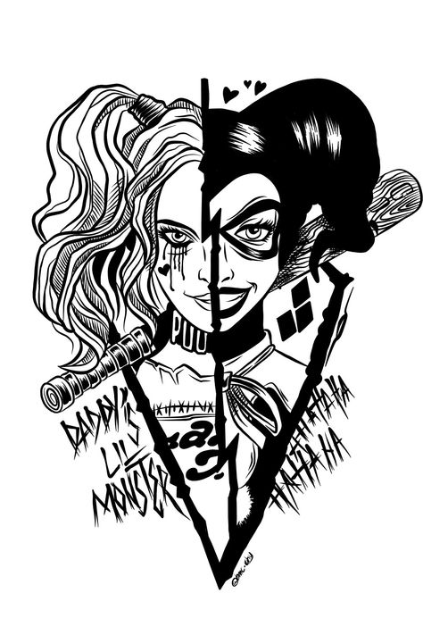 Harley Quinn Tattoo Stencil, Tattoo Comic Style, Joker Harley Quinn Tattoo, Harley Quinn's Tattoos, Harley Queen Tattoo, Joker Tattoo Stencil, Tattoo Harley Quinn, Joker And Harley Quinn Tattoo, Harley Quinn Tattoo Design