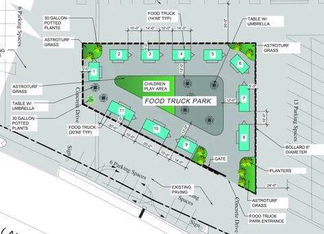 0112food truck park close up Food Park Architecture, Food Park Design, Food Truck Park Design Ideas, Food Park Design Ideas, Food Truck Park Design, Parking Layout, Urban Farming Architecture, Community Park Design, Food Truck Park