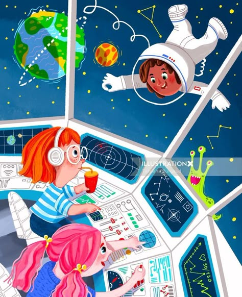 Children in a Spaceship Spaceship Illustration, Nasa Art, Astronaut Illustration, Wild Jungle, Story Books Illustrations, Space Illustration, Warm Palette, Book Illustration Art, Up Book