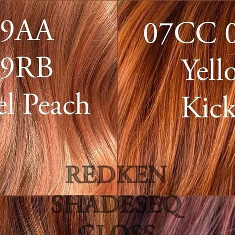 Redken on Instagram: "With so much talk about color analysis, Shades EQ is perfect for anyone wanting to try red ❤️ 

Warm summer? Cool fall? #ShadesEQ makes it possible to tailor your formula for each client, delivering a truly customized result. 

Shout out to @muriel_dee89 for sharing these traffic stopping formulas🛑

#ShadesEQformulas seen here:
❤️ 09AA + 09RB + Pastel Peach
❤️ 07CC + 08CR + Yellow Kicker
❤️ 07CC + 010AA
❤️ 07NB + 07RR + 09VRo" Shades Eq Toner Formulas Cowboy Copper, Paul Mitchell Copper Color Formulas, Shades Eq Strawberry Blonde Formula, Redken Shades Eq Formulas Red, Strawberry Blonde Formula Redken, Shades Eq Copper Formula, Copper Shades Eq Formula, Redken Red Hair Color Formulas, Strawberry Blonde Shades Eq Formula