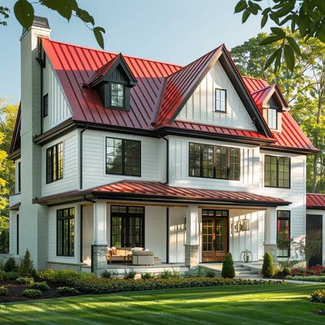 Bright Red and White Home Outdoor Colour Harmony • 333k+ Inspiring Lifestyle Ideas & Images Vivid White House Exterior, Red Roofed Houses, Home With Red Roof, White House With Red Metal Roof, White House Red Tile Roof, House With Red Roof, Colour Harmony, Red Roof House, Red Shutters