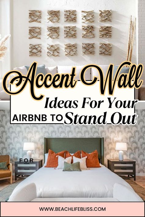 What are some creative ways to make your Airbnb listing stand out? An accent wall (or two) in the living room, bedrooms, or bathrooms will definitely catch potential guests eye when they’re scrolling looking for a place to stay! #Superhost #Airbnb #MakeMoney Airbnb Accent Wall, Airbnb Feature Wall, Space Aesthetic Bedroom, Air Bnb Ideas Decor Living Room, Superhost Airbnb, Light Fixture Bedroom, Bedroom Inspirations Cozy, Luxury Airbnb, Luxury Bed Design