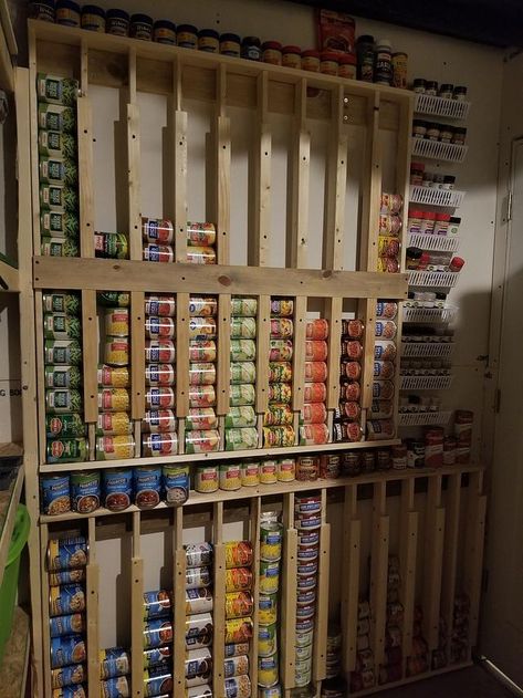 Storage For Cans In Pantry, Canned Food Shelves, Basement Food Storage Shelves, Food Storage Shelves Diy, Can Pantry Storage, Home Food Storage, Pantry Canned Goods Storage, Can Food Storage Rack Diy, Can Shelf Storage