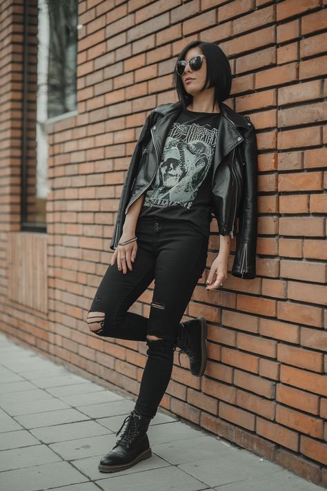 Ripped black skinny jeans styled with a graphic t-shirt and leather jacket for a rock-inspired outfit. Rock Inspired Outfits, Outfits With Jeans, Weekend Looks, Gorgeous Outfits, Casual Weekend, Inspired Outfits, Rock Star, Jean Outfits, Beautiful Outfits