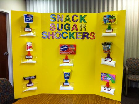 Health fair - Sugar content in snacks Health Promotion Ideas, 4h Presentation Ideas Kids, Health Fair Booth Ideas Display, Health Fair Booth Ideas, Cool Science Fair Projects, Health Fair, School Health, Health Journal, Kid Experiments