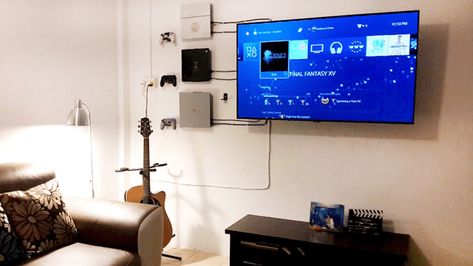 how do you wall mount a PS4? The easiest way to wall mount a PS4 is to use a premade mount. You screw the mount into the wall away you go! Ps4 Wall Mount, Desk Grommet, Tv Installation, Custom Consoles, Entertainment Wall, Video Game Rooms, Masonry Wall, Wire Management, Video Game Room