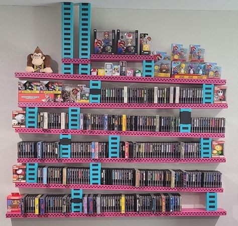 Video Game Shelf, Video Game Organization, Game Shelf, Video Game Storage, Geek Home Decor, Games Room Inspiration, Video Game Wall Art, Nerd Room, Retro Games Room