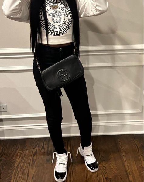 Outfits With Jordan 11 Gratitude, Black 11s Jordans Outfit, Jordan 11 Breds Outfit Women, Gratitude 11s Outfit Women, Gratitude Jordan 11 Outfit, Cute Outfits With Jordan 11, Black Jordan 11 Outfit Women, Black And White 11s Outfit, Gratitude 11s Outfit