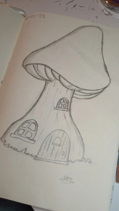 Mushroom Drawings Simple, Simple Drawing Ideas Easy Creative, Mushroom Houses Drawings, Drawing Ideas Sketches Easy, Cute Mushroom House Drawing, Mushroom House Sketch, Stuff To Sketch Easy, Cool Drawing Ideas Creativity Simple, Mushroom House Drawing