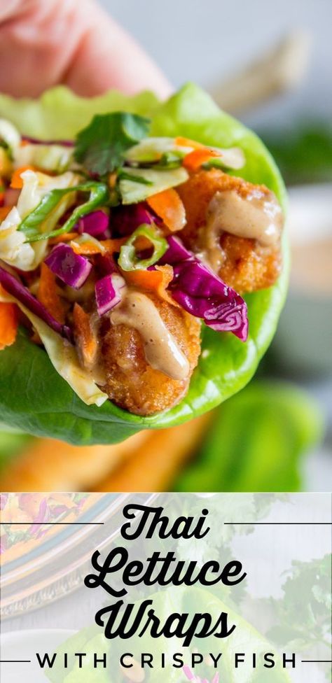 Thai Lettuce Wraps with crispy fish Lettuce Fish Tacos, Fish Taco Lettuce Wraps, Fish Lettuce Wraps, Fish Wraps, Grouper Recipes, Thai Lettuce Wraps, Salat Wraps, Lettuce Wraps Healthy, Thai Fish