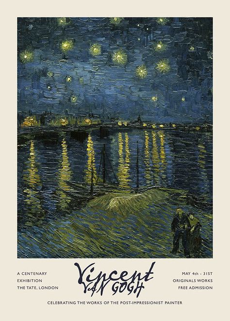 A vintage Art exhibition poster for the master painter Vincent Van Gogh. Featuring his well-known painted masterpiece Starry night, and typography details of the museum exhibition this poster is a beautifully framed, slick piece of art designed by our team in-house. You won't find it anywhere else! Van Gogh Paintings Poster, Room Posters Van Gogh, Vintage Starry Night, Printable Vintage Posters, Starry Night Wall Painting, Room Decor Posters Bedroom Ideas, Pictures For Frames Printable, Starry Night Printable, Scrape Art