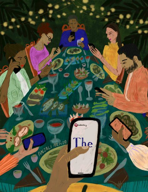 Modern Living - Anjali Mehta — Anjali Mehta Addicted To Social Media Art, Bad Social Media Art, Media Influence Art, Addicted To Phone Drawing, Social Media Addicted, Social Media Illustration Truths, Addicted To Phone Art, Social Media Addict Illustration, Phone Addicted Illustration