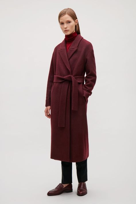 COS image 9 of Belted wool coat in Burgundy Burgundy Wool Coat, Burgundy Wool Coat Outfit, Burgundy Coat Outfit, Autumn Wishlist, Burgundy Trench Coat, Wool Coat Outfit, Burgundy Coat, Belted Wool Coat, Wool Car Coat