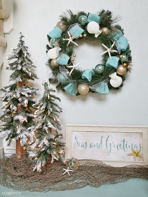 Coastal Christmas Wreath, Coastal Wreaths, Kirklands Christmas, Seas And Greetings, Seaside Christmas, Caribbean Christmas, Beach Wreaths, Christmas Styles, Beach Christmas Decorations