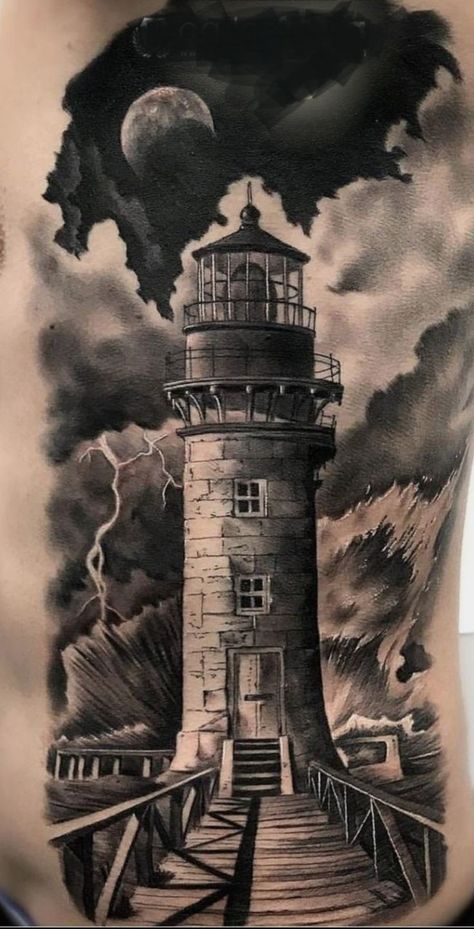 Ship Tattoo Sleeves, Nautical Tattoo Sleeve, Lighthouse Drawing, Boat Tattoo, Pirate Tattoo, Lighthouse Tattoo, Sea Tattoo, Lighthouse Painting, Nautical Tattoo