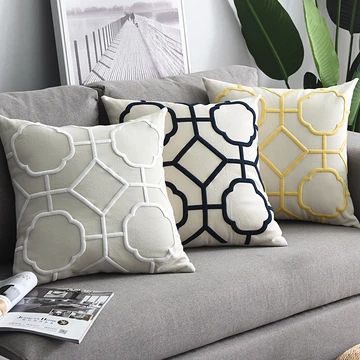 Embroidered cushions that wake up any space and give the room a bright and cozy boost. Sofa Cushion Design, Bunch Needle, Embroidered Sofa, Cushion Embroidery, Geometric Pillow Covers, Cushion Cover Designs, Geometric Embroidery, Embroidered Pillowcases, Embroidered Cushions