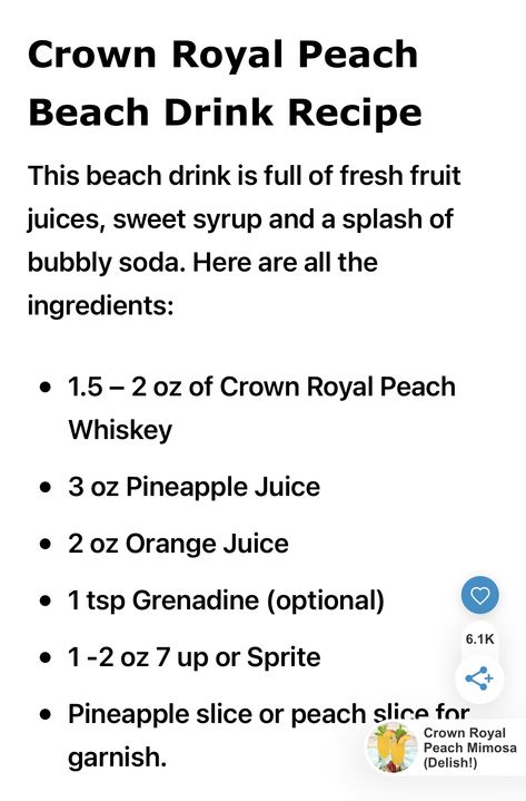 Beach Drink Recipes, Peach Whiskey, Peach Beach, Beach Drink, Fresh Fruit Juice, Beach Drinks, Pineapple Slices, Peach Slices, Frozen Drinks