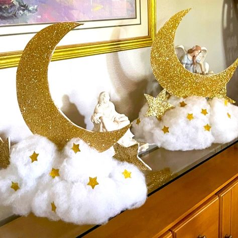 Starry night moons Half Moon Centerpiece, Over The Moon Centerpiece Diy, Moon Themed Centerpieces, Diy Moon Decor Party, Moon Star Cloud Centerpieces, Moon And Star Table Centerpieces, Crescent Moon Centerpiece, Moon And Star Baby Shower Centerpieces, Moon And Stars Party Decorations