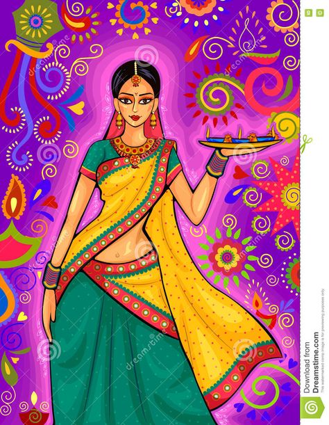 Indian Woman With Diya Decoration For Diwali Festival Celebration In India Stock Vector - Illustration of light, festivity: 78149812 Decoration For Diwali, Diwali Painting, Diwali Puja, Diya Decoration, Rajasthani Art, India Painting, Indian Women Painting, Indian Illustration, Dance Paintings