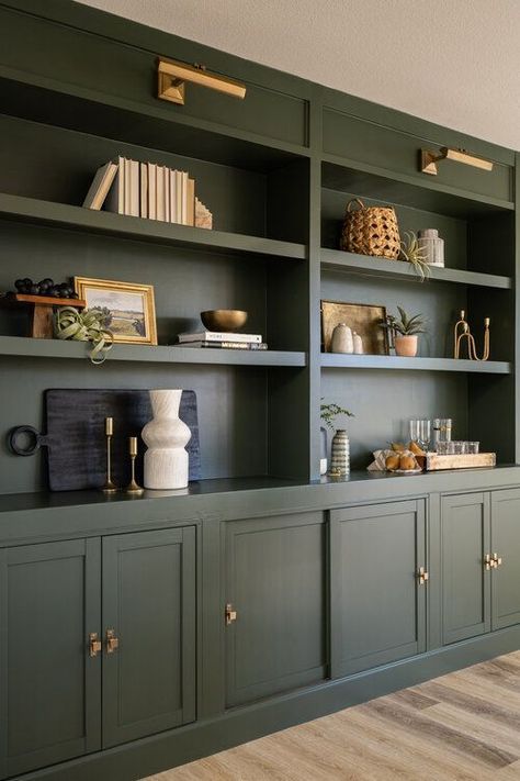 This contains an image of: Rose St. Dining & Living — Ampersand Living Interior Design Built In Bookshelves Paint Color, Media Built In Wall, Cabinet Decor Living Room, Ikea Built In Hack, Casa Rock, Green Bookshelves, Cabinet Hack, Ikea Cabinet, Built In Shelves Living Room