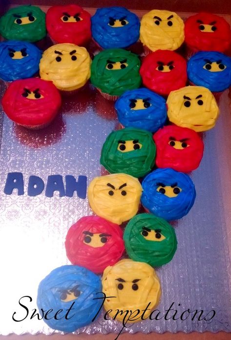 Lego Cupcake Cake, Ninja Cupcake Ideas, Ninjago Birthday Cupcakes, Ninjago Cake, Ninja Cupcake Cake, Lego Pull Apart Cupcakes, Ninja Kidz Cakes, Ninja Go Cake Lego Ninjago, Lego Cupcake Cakes Pull Apart