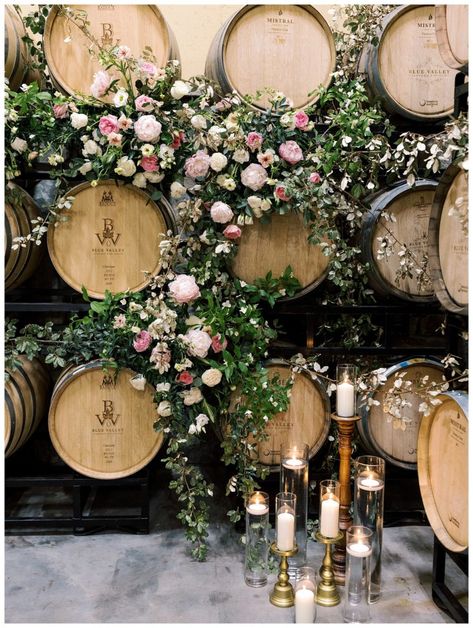 Vineyard Floral Arrangements, Wine Cellar Rehearsal Dinner, Wine Cellar Wedding Reception, Brewery Reception, Wine Cellar Wedding, Winery Wedding Decorations, Wine Bar Design, Fall Vineyard, Food Booth