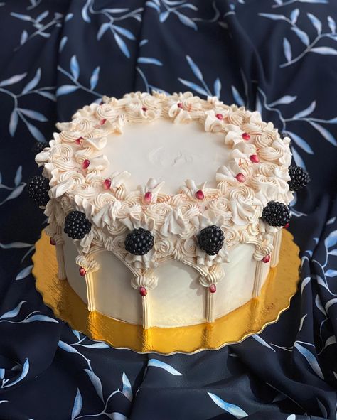 a cake for my grandma’s 85th birthday 🎀🥺🎀 pomegranate orange cardamom chiffon soaked in three milks, maple roasted walnut hazelnut praline, saffron whipped cream, caramelized honey italian meringue buttercream ✨ Wedding Cake With Pomegranate, Aesthetic Bakes, Italian Birthday Cake, Birthday Cake Beautiful, Caramelized Honey, Sophia Cake, Hellenic Polytheism, Italian Meringue Buttercream, Orange Cardamom