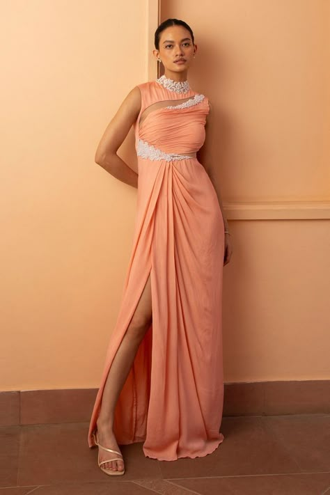 Drape Gown, High Neck Gown, Diwali Dresses, Western Gown, Reception Bride, Party Wear Gowns, Party Reception, Blush Gown, Pearl Embellishment