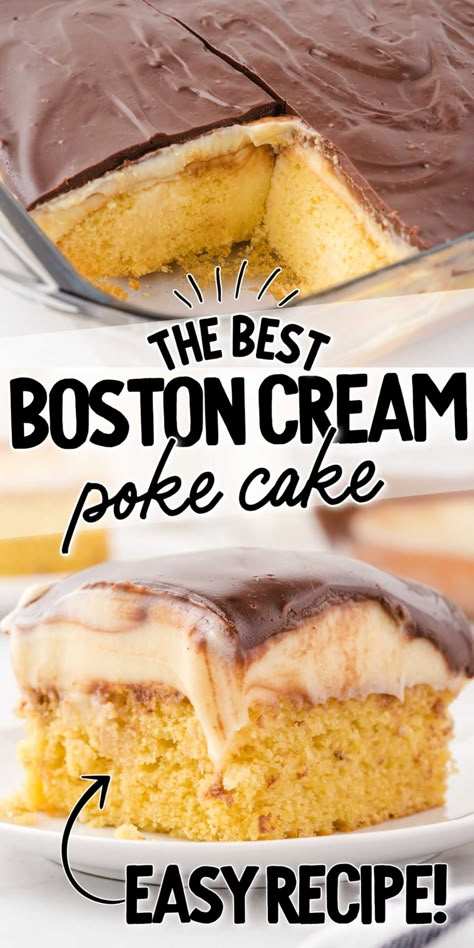 Boston Cream Pie Poke Cake, Cream Poke Cake, Boston Cream Poke Cake, Boston Cream Cake, Rustic Rooms, Yellow Butter Cake, Coconut Poke Cakes, Pudding Poke Cake, Poke Cake Recipe