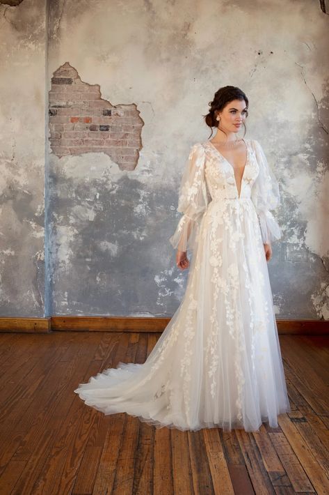 Dreamy Floral Lace Boho Wedding Dress with Blouson Sleeves Boho Tulle Wedding Dress With Sleeves, Ethereal Romantic, Wedding Dresses Kleinfeld, Champagne Gown, Boho Wedding Gowns, Practical Wedding, Kleinfeld Bridal, All Who Wander, Boho Wedding Dress Lace