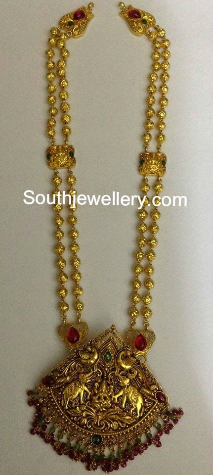 Gundla Mala with Gajalakshmi Pendant Gundla Mala, Antique Gold Bangle, Temple Jewellery Necklace, Gold Long Chain, Latest Jewellery Designs, Temple Jewelry Necklace, Long Haram, Antique Gold Jewelry Indian, Jewellery Wedding